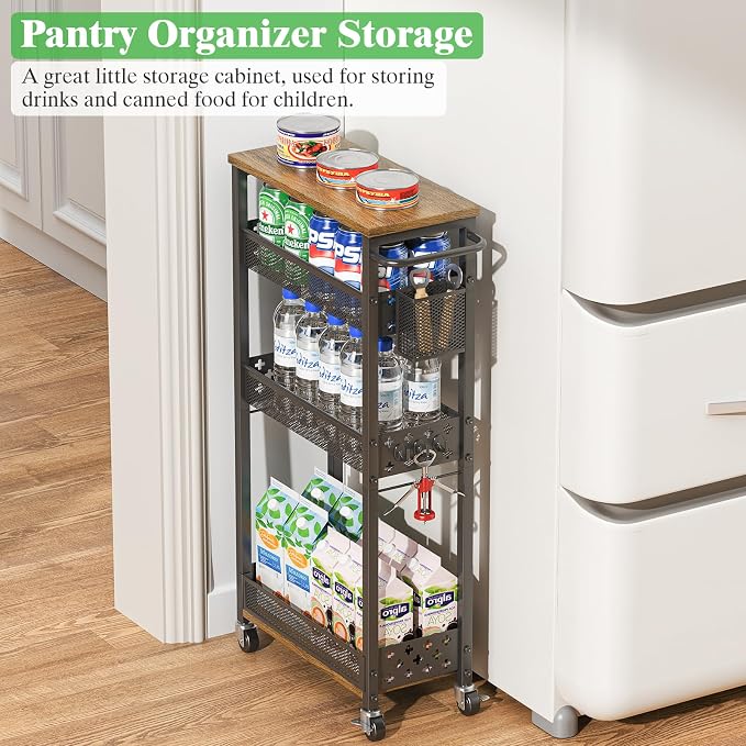 4 Tier Slim Rolling Storage Cart Laundry Room Organzier with Wheels | Small metal bathroom cart，kitchen organizer, trolley with handle and mesh basket, 7.1 inch width for narrow space, black - Image 8