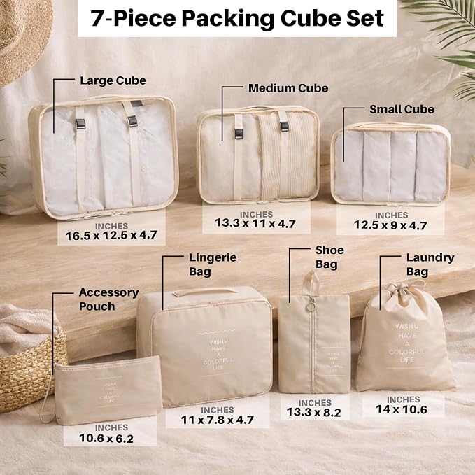 7 Set Packing Cubes For Travel | Luggage Organizer Bags With Shoe, Laundry Bag, Accessory Pouch And Lingerie Bag | Durable And Space Saving Suitcase Organizer For Travel Essentials | Beige - Image 2