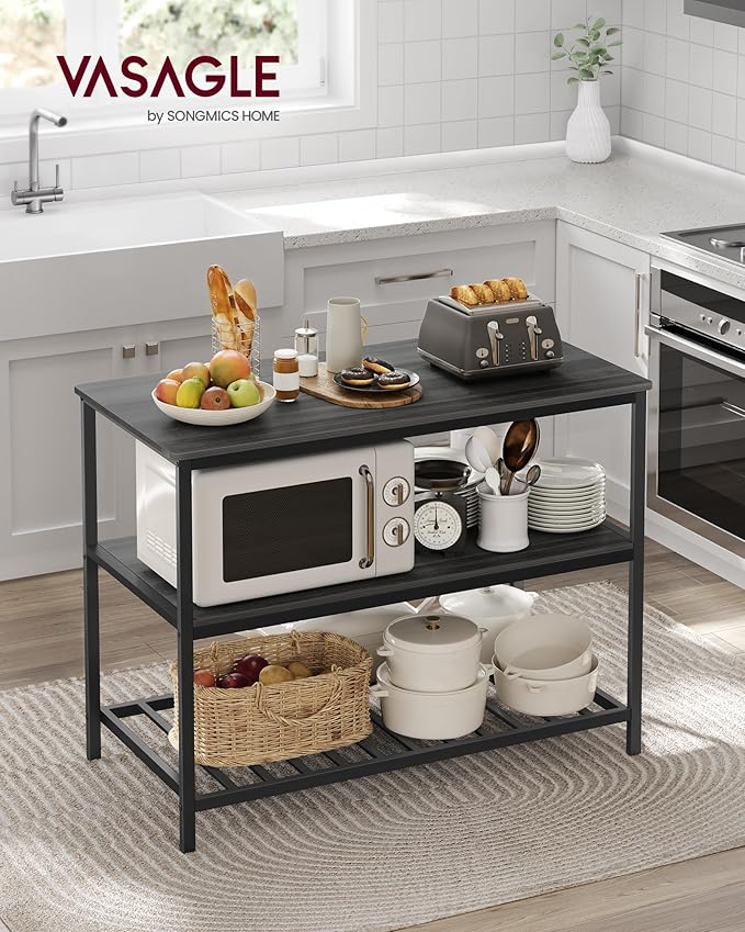VASAGLE Kitchen Island with 3 Shelves, Storage Cabinet, Steel Structure | Kitchen Shelf with Large Wooden Worktop, 47.2 Inches Width, Gray Oak and Matte Black, BARNET Collection UKKI001B42 - Image 2