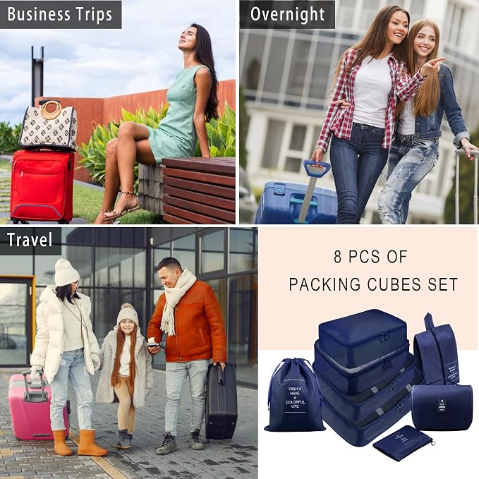 Packing Cubes, 8 Pcs Travel Packing Organizers for Suitcases, Large Capacity Travel Luggage Organizers Set includes 8 Storage Bags, Travel Essentials for Women or Men (Navy Blue) - Image 7