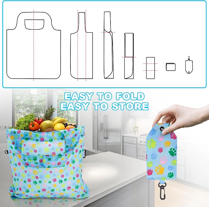 HOLYLUCK Reusable Grocery Bags,Heavy Duty Foldable Shopping Tote Bag (Standard, 3 Blue Dog Paw Prints) - Image 5