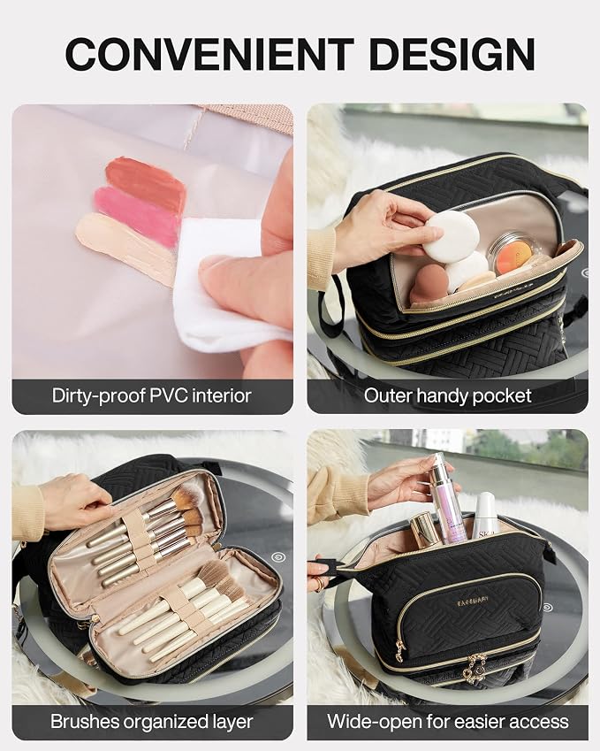 BAGSMART Travel Makeup Bag, Cosmetic Bag Make Up Organizer Case, Large Wide-open Pouch for Women Double Layers Purse for Toiletries Accessories Brushes Black - Image 3