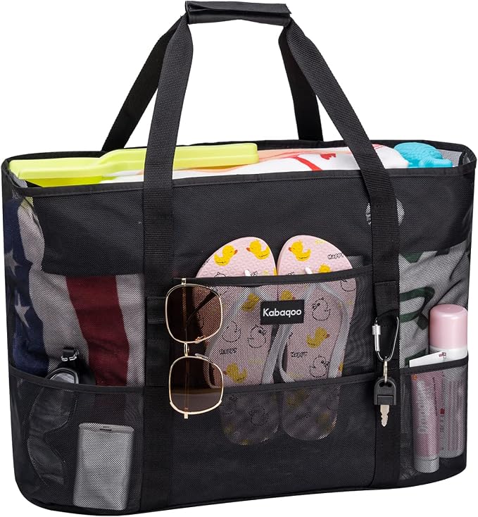 KABAQOO Mesh Beach Bag, Extra Large Beach Bags with 9 Pockets & Zipper Waterproof Lightweight Beach Tote for Beach/Pool Trip by KABAQOO
