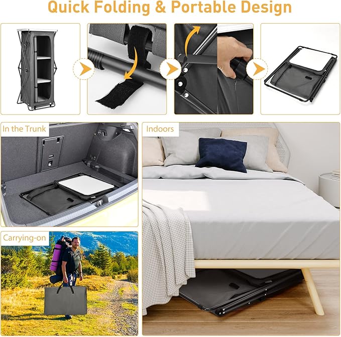 Goplus Folding Camping Storage Cabinet, Pop Up Outdoor Camping Kitchen Station with Large 3-Tier Storage Organizer, Carry Bag, Easy Set Up Portable Compact Camping Table for BBQ Picnic Backyard (55'') - Image 4