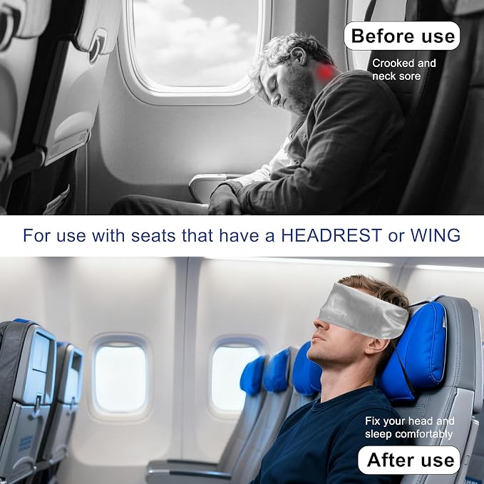 Travel Pillows for Airplanes, Airplane Head Strap with Silk Eye Mask for Sleeping, Long Flights & Car Road Trips 360°Headrest Neck Support, Stops Bobbing, Small & Compact (Gray) - Image 2