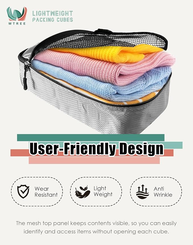 WTREE 4-Piece Packing Cubes Travel Accessories Set for Suitcases - Luggage Organizer Bags with Double Zipper - Mesh Top - Small/Medium/Large/Slim - Grey - Image 3