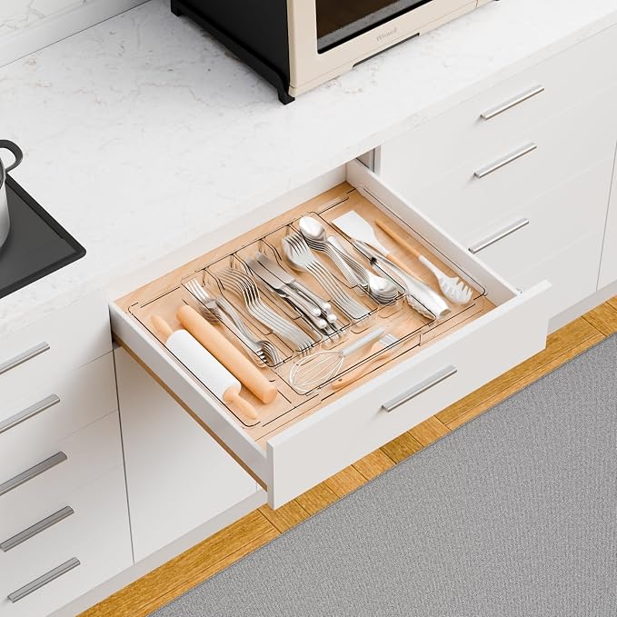 Large Clear Expandable Silverware Drawer Organizer for Kitchen,BPA FREE Adjustable Utensil Drawer Organizer and Silverware Tray,Plastic Flatware Organizers,Cutlery,Knife,Fork and Spoon Holder - Image 2