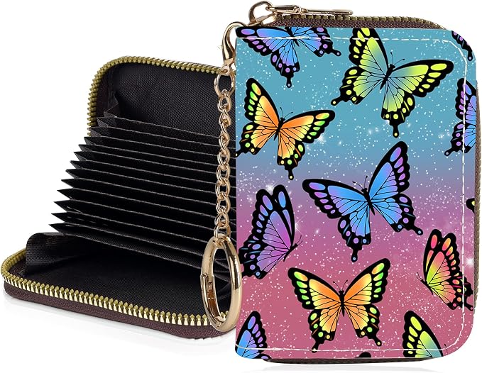Credit Card Holder for Women,Small Rfid Wallet with Keychain Zipper,Cute PU Leather Card Case Wallet，Accordion Credit Card Wallets Gift,Colorful Butterflies by Unknown