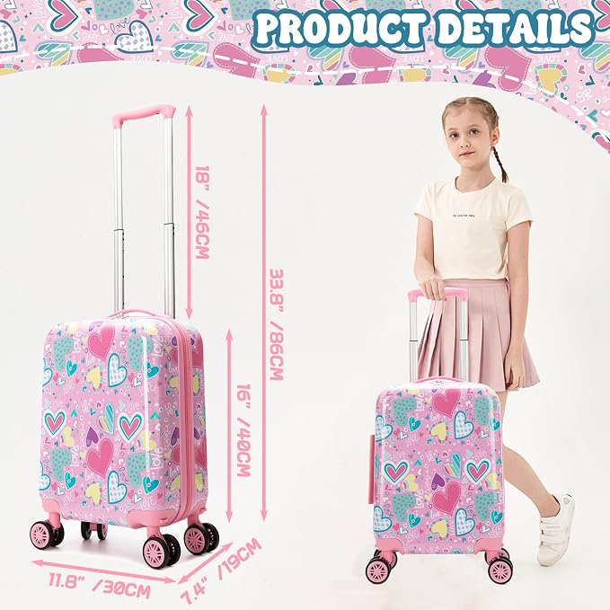 Kid's Luggage Set 5 Piece Suitcase Set 16" Hardside Luggage with Spinner Wheels Girls Carry on Toddler Travel Rolling Suitcase with Neck Pillow Airline Approved - Image 2