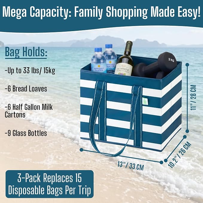 VENO 3 Pack Reusable Grocery Shopping Bags Utility Tote w/Sturdy Handles | Heavy Duty Storage Box with Hard Bottom, Foldable Picnic Basket for Groceries Shopping Cart(Classic Navy Stripe, 6 Gallon) - Image 2