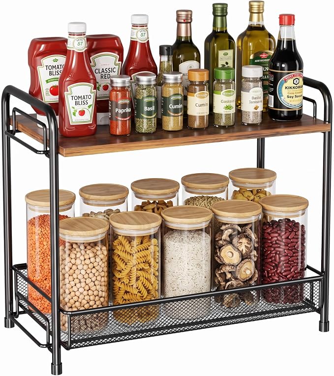 Spice Rack Organizer for Countertop with Wood Top, 2-Tier Foldable Metal Rust-Proof Standing Large Seasoning Storage Shelf with Guardrail & Mesh Design for Kitchen Cabinet Living Room, Black by Xpatee