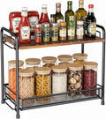 Spice Rack Organizer for Countertop with Wood Top, 2-Tier Foldable Metal Rust-Proof Standing Large Seasoning Storage Shelf with Guardrail & Mesh Design for Kitchen Cabinet Living Room, Black by Xpatee