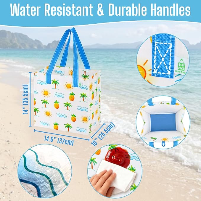 VENO 4 Pack Large Grocery Bag Reusable Shopping Bags with Hard Bottom | Utility Tote w/ Reinforced Handles, Heavy Duty, Foldable, Stand Upright, for Groceries Shopping Cart(Tropical Island, 4 Pack) - Image 2