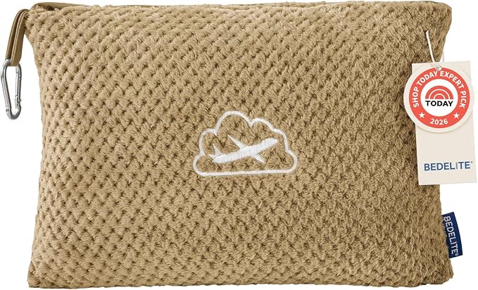 BEDELITE Travel Blanket with Bag, Jacquard Fleece Blanket 65"x40", Camel | Ultra-soft Airplane Blanket, Luggage Sleeve & Backpack Clip, Travel Essentials for Women, Foldable as Pillow for Long Flight by BEDELITE