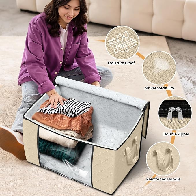 90L Clothes Storage, Foldable Thick Fabric Blanket Storage Bags | Foldable Containers with Zippers,Window and Handles for Organizing Bedroom, Closet, Comforter, Bedding,Dorm essentials - Image 4