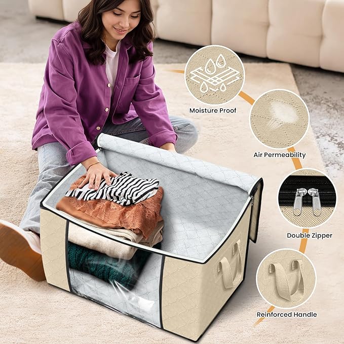 90L Clothes Storage, Foldable Thick Fabric Blanket Storage Bags | Foldable Containers with Zippers,Window and Handles for Organizing Bedroom, Closet, Comforter, Bedding,Dorm essentials - Image 4