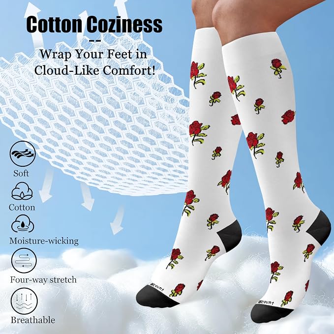 Cotton Compression Socks for Women&Men 15-20mmHg Knee High Cute Support Sock for Nurses, Pregnant Women, Travel - Image 2