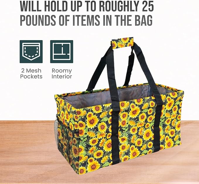 Extra Large Utility Tote Bag - Oversized Collapsible Reusable Wire Frame Rectangular Canvas Basket With Two Exterior Pockets For Beach, Pool, Laundry, Car Trunk, Storage - Sunflower - Image 5