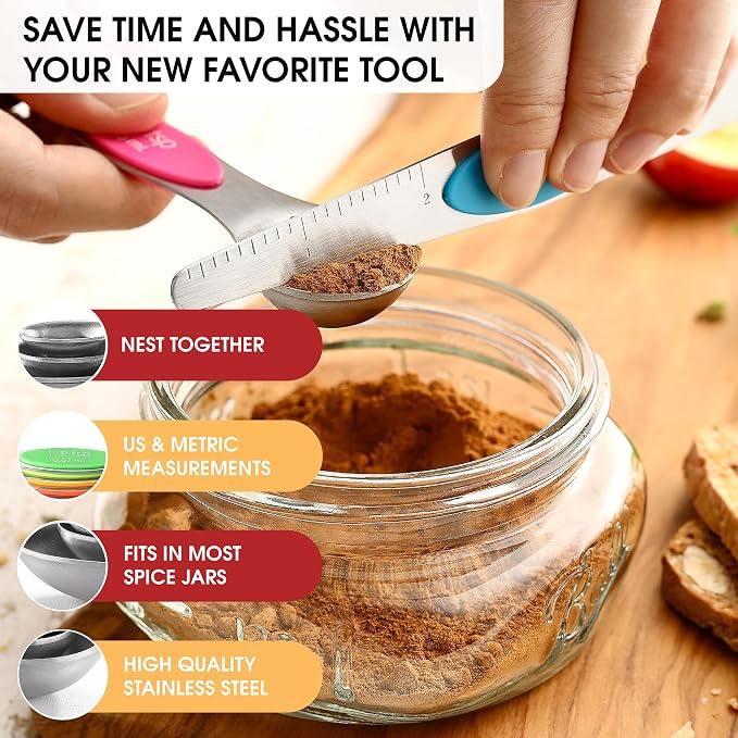 Spring Chef Stainless Steel Magnetic Measuring Spoons Set of 8, Neon | Dual Sided Metal Teaspoon & Tablespoon Measuring Spoons w/ Leveler for Dry & Liquid Ingredients, Fits in Kitchen Spice Jars - Image 5