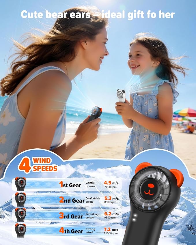 Portable Handheld Fan, Cute Bear Mini Fan with 11000 RPM High Speed, Rechargeable Personal Fan with 4 Speeds, Pocket Small Fan for Travel, Makeup, Lash, Gifts for Women Girl - Black - Image 7