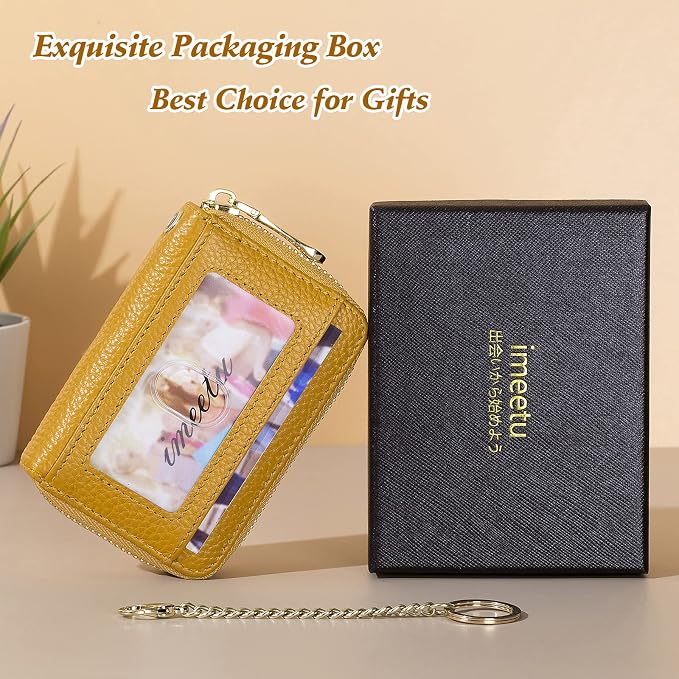 imeetu Rfid Credit Card Holder, Businese Card Case, Wallet for Women Men | Genuine Leather Card Wallet with id Window, Keychain & Double Zipper, Water-resistan Small Wallet with Gift Box, Daily Travel - Image 7