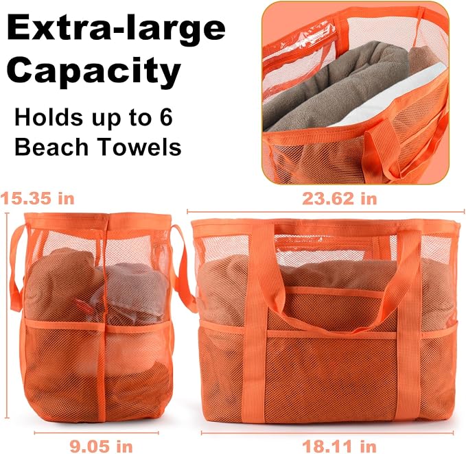 CaCTOUR Mesh Beach Bag,Large Beach Bags for Women with 8 Pockets,Packable Tote Bag for Beach Cruise Pool Vacation Essentials - Image 6