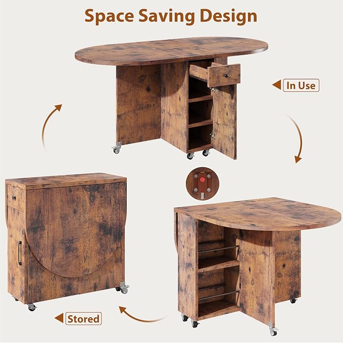 Jocoevol Round Folding Dining Table for 4, Space Saving Drop Leaf Kitchen Table with Storage Drawer, 6 Wheels Oval Gateleg Foldable Dining Table for Small Spaces(Vintage 47 * 23.6 * 30) - Image 7