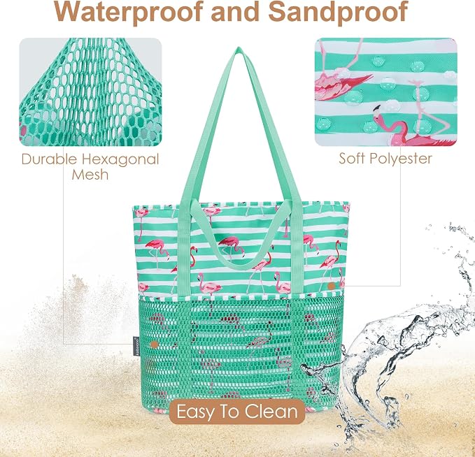 KABAQOO Large Beach Bag Waterproof Sandproof Tote Bag for Women with Zipper & Mesh Pockets for Pool Swim Travel Everyday | waterproof - Image 4
