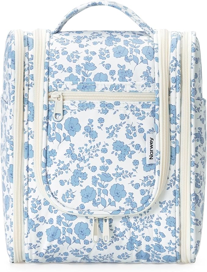 Narwey Hanging Toiletry Bag Women Travel Makeup Bag Organizer Toiletries Bag for Travel Size Essentials Accessories Cosmetics (Medium,Blue Flower) by Narwey