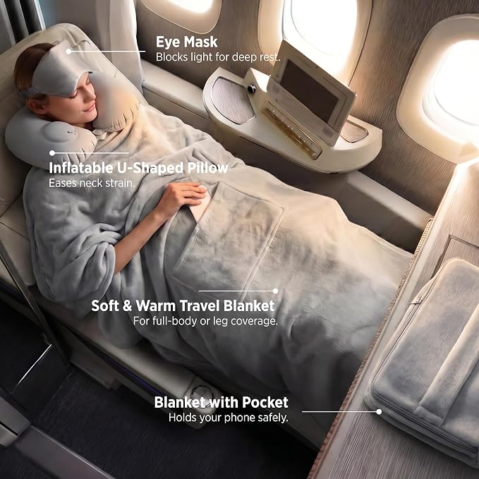 Bedsure Travel Blanket Set with Inflatable Neck Pillow and Eye Mask - Lightweight 3-in-1 Airplane Packable Blanket, Compact Travel Essentials, Grey - Image 2