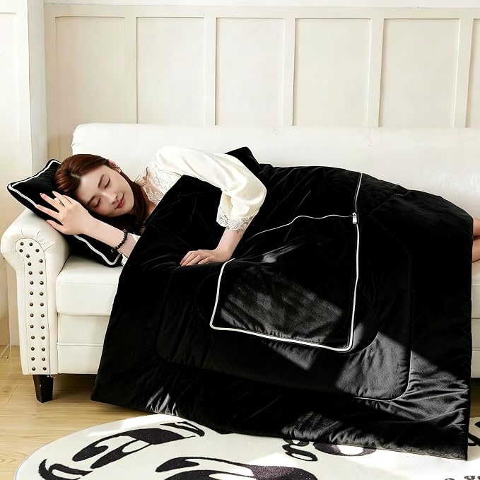 Black Pillow Blanket 2 in 1 Convertible, Soft Plush Throw Blanket, Large Warm Travel Blanket, Foldable Compact Pillow for Airplane,Car - Image 7