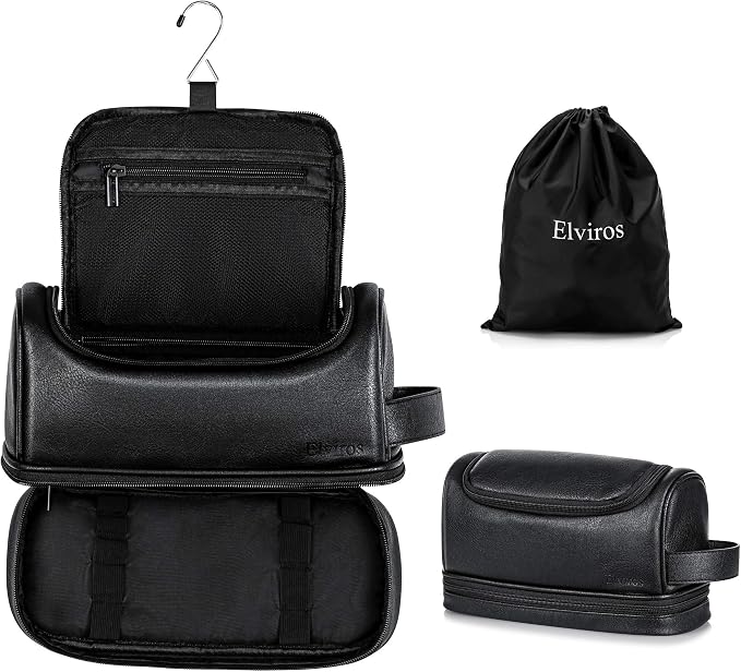 Elviros Hanging Toiletry Bag for Men PU Leather Shaving Kit (Black) | Water-Resistant Travel Organizer with Hanging Hook for Toiletries, Shaving Tools, Grooming Items, and Daily Storage by Elviros