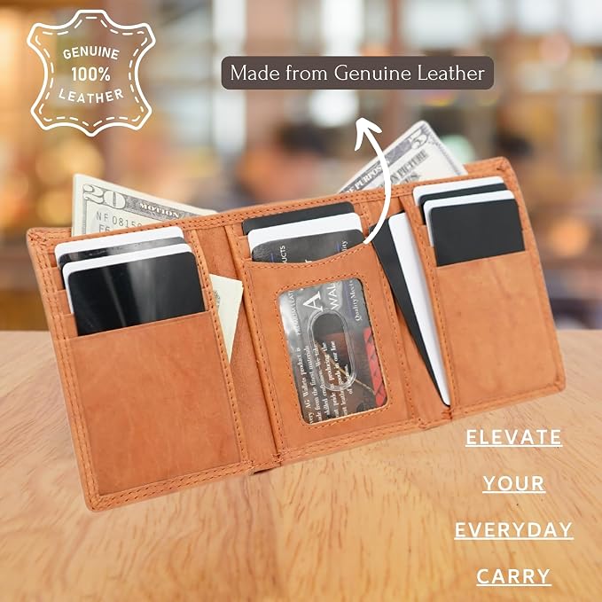 AG Wallets RFID Blocking Wallet for Men - Trifold Minimalist Slim Wallet with 10 Credit Card Slots & 3 Side Slots - 100% Genuine Leather Travel Wallet - Secure Compact Wallet - Tan - Image 6