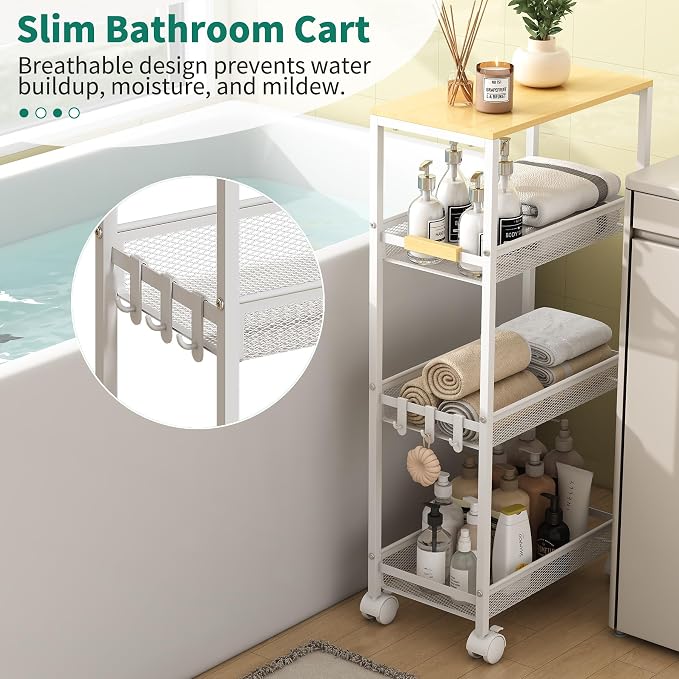 4-Tier Slim Utility Rolling Laundry Cart with Wheels, Easy to Assemble | 9.1" Wide for Narrow Spaces, Wood Top with Metal Frame, Mobile Storage Shelves for Bathroom, Kitchen, Office - Image 4