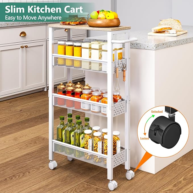 Vivihomety 4-Tier Slim Utility Rolling Laundry Cart with Wheels, Metal | Narrow 7.1" wide, Lockable wheels, wood top panel, metal frame, with handle, for laundry, bathroom, kitchen, white - Image 2