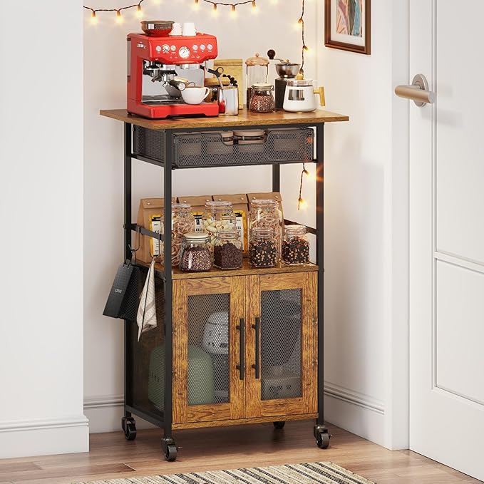 3 Tier Slim Rolling Coffee Cart with 2-Door & Pull-Out Wire Basket Drawer, Coffee Bar Cabinet on Lockable Casters, 32.7" H Microwave Cart with Storage for Home, Kitchen, Living Room (Rustic Brown) by Hencawima