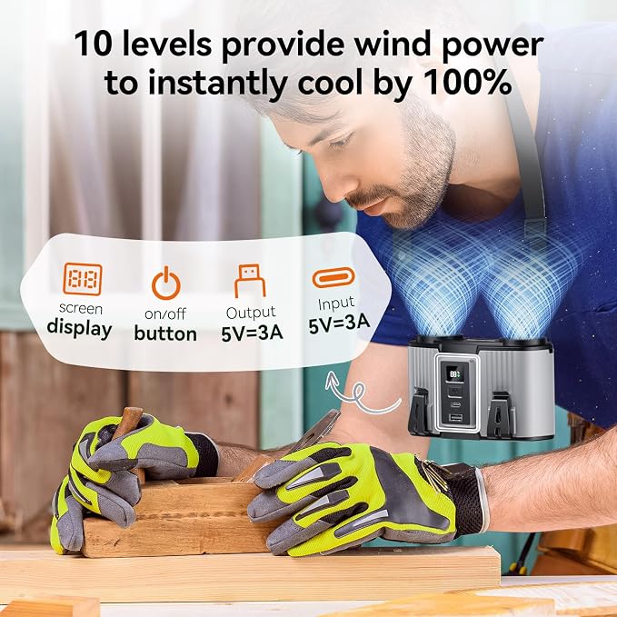 Doublepow 24000mAh Portable Waist Fan, Personal Fan, Dual Air Ducts Motors, Rechargeable Clip On Belt for Working, 10 Speeds 45H Wearable Neck Cooling, for Outdoor Work, Travel, Power Outage (Gray) - Image 4