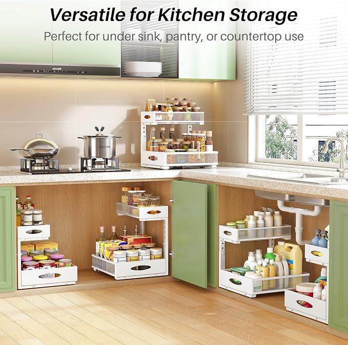 Under Sink Organizer, 2-Pack Pull Out Cabinet Organizer 2 Tier Metal Slide Out Storage Shelf Rack, L-Shaped Adjustable Height,Mesh Sliding Drawer for Kitchen, Bathroom, Laundry, Pantry, White, XL - Image 9