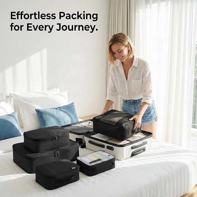 6 Set Compression Packing Cubes for 7–14 Day Travel, Jet Black | Nylon Oxford Fabric, Full Breathable Mesh, Reinforced Double-Zipper, Small to Large Size Bag, Expandable Packing System - Image 3