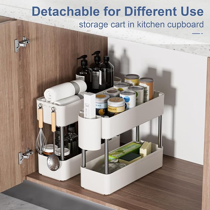 VECELO Storage Rolling Cart, 4 Tier Utility Cart Kitchen Slim Mobile Storage Unit Organizers with Wheels Hooks&Hanging Cups for Bedroom Bathroom Office Table Side in Narrow Places, White - Image 5