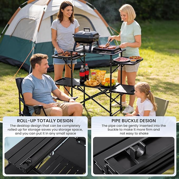 Slim-Fold Camping Kitchen Table, Metal Folding Portable Outdoor Cook Station with 4 Side Tables, 2 Storage Shelves & Carrying Bag, Heat Resistant for Picnic BBQ,Upgraded Black - Image 7