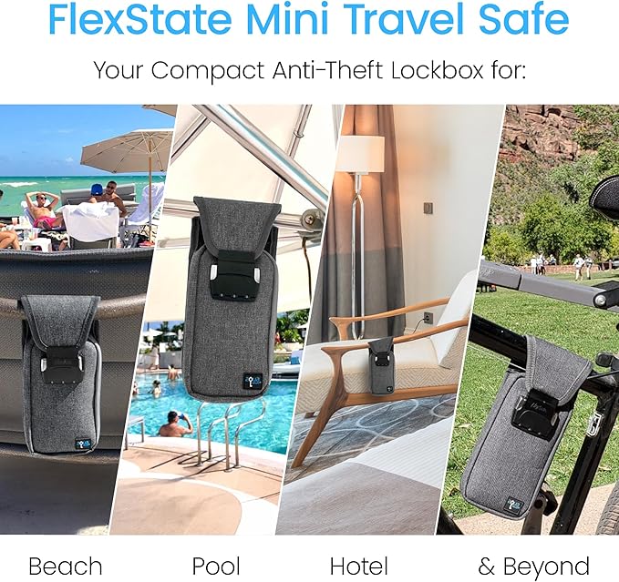 Mini Portable Travel Safe Anti-Theft Lock Box Beach Pool Hotel Gym | Grey mini safe in cut-resistant nylon. Water-resistant with RFID blocking. For phones and valuables at the beach or hotel. - Image 2