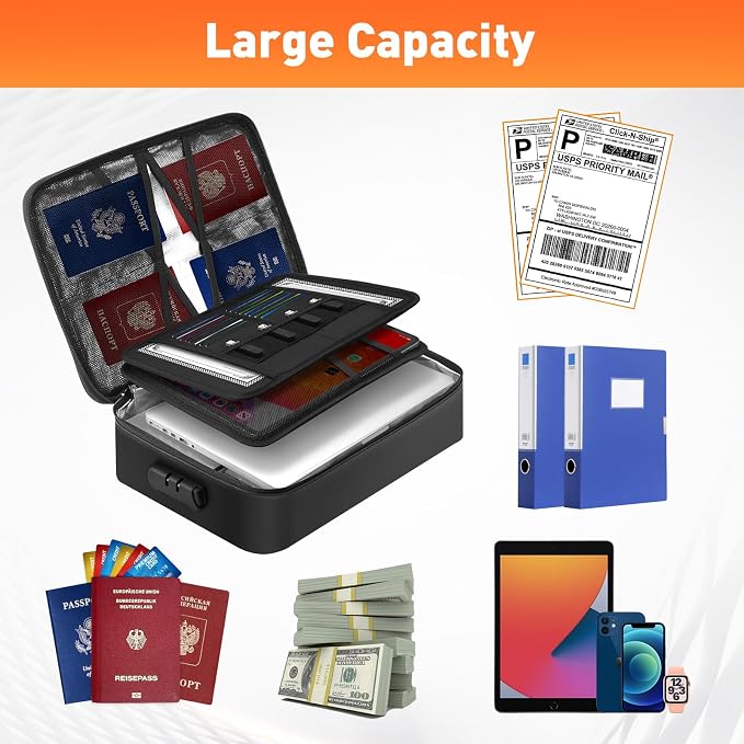 Mondoshop 5200°F Fireproof Document Bag with Lock for Home, Office & Travel | Waterproof Protection, Secure Combination Lock, Multi-Layer Organizer, Large 4-Inch Capacity, Lightweight Portable Design - Image 2