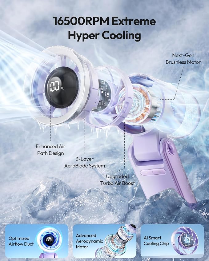 Gaiatop Portable Handheld Turbo Fan, 15 Hrs Cooling, 180° Foldable 4-in-1 Hand Held Fans, 6-Speed (1-100) Personal Mini Handheld Fans, Small Portable Fan for Travel Working Outdoor, Women Gifts Purple - Image 2