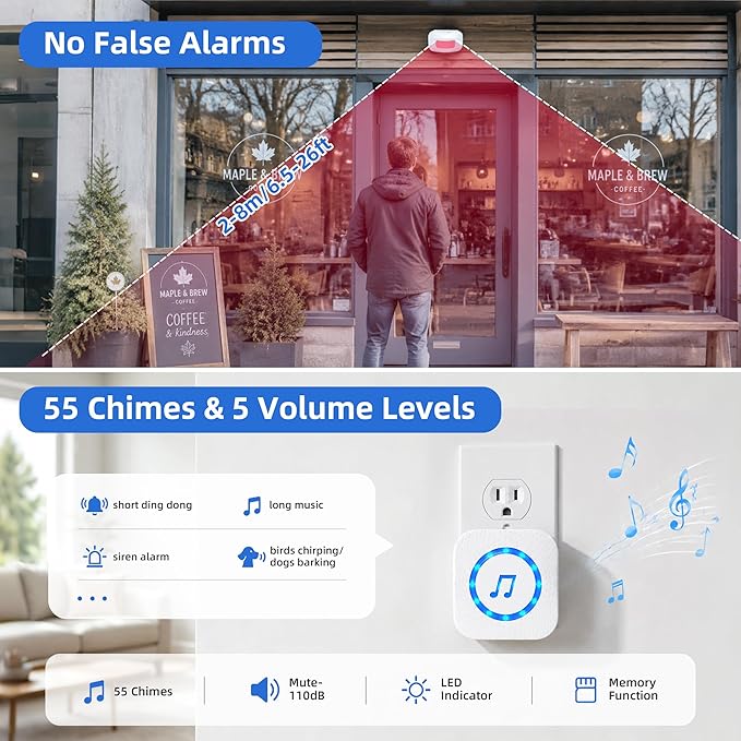 Wireless Motion Sensor Alarm Doorbell, 500FT, 0-110dB, 55 Chimes | Fast PIR entry detection with adjustable volume and 55 chimes for elderly care, home entrances, and business use - Image 4