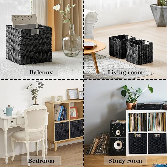Wicker Storage Basket, Set of 2 Hand-Woven Wicker Basket, Foldable Cube Storage Bin, Black Storage Basket, Square Storage Baskets for Organizing Shelves & Decor, Black (11″×11″×11″) - Image 2