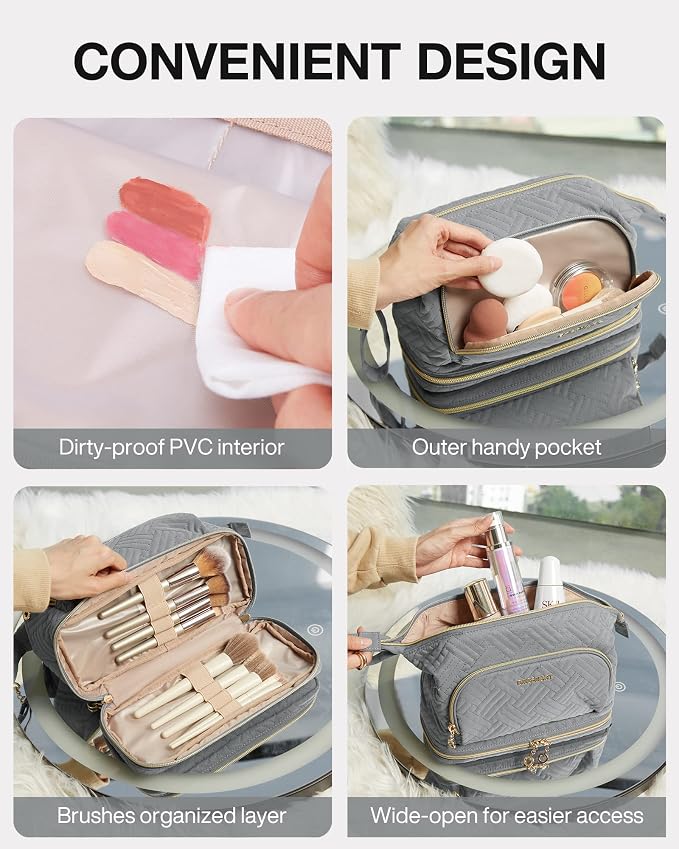 BAGSMART Travel Makeup Bag, Cosmetic Bag Make Up Organizer Case, Large Wide-open Pouch for Women Double Layers Purse for Toiletries Accessories Brushes Greey - Image 3
