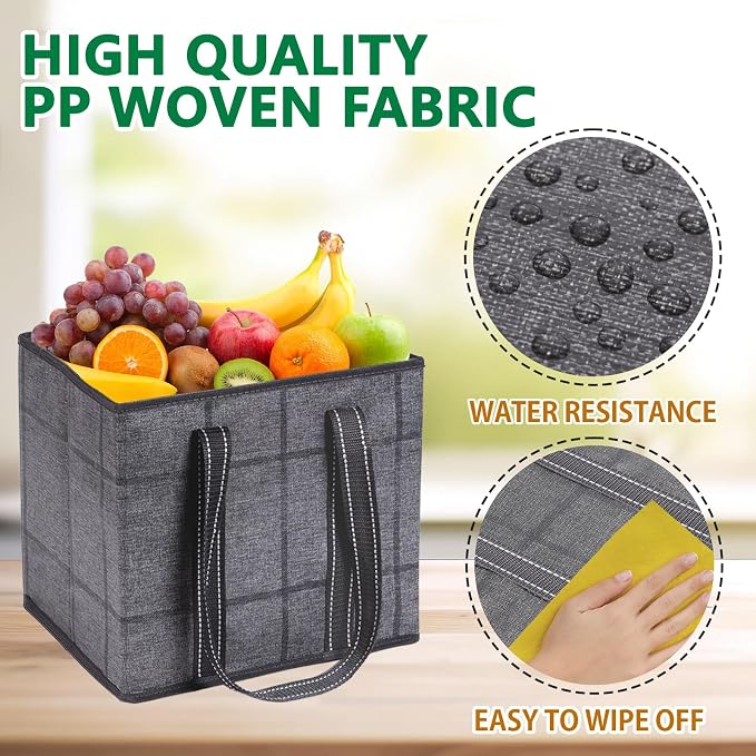 VENO 3 Pack Heavy Duty Reusable Grocery Shopping Bags Utility Tote | Water Resistant, Storage Box with Sturdy Handles & Hard Bottom, Foldable for Groceries Shopping Cart(Windowpane, 6 Gallon) - Image 4