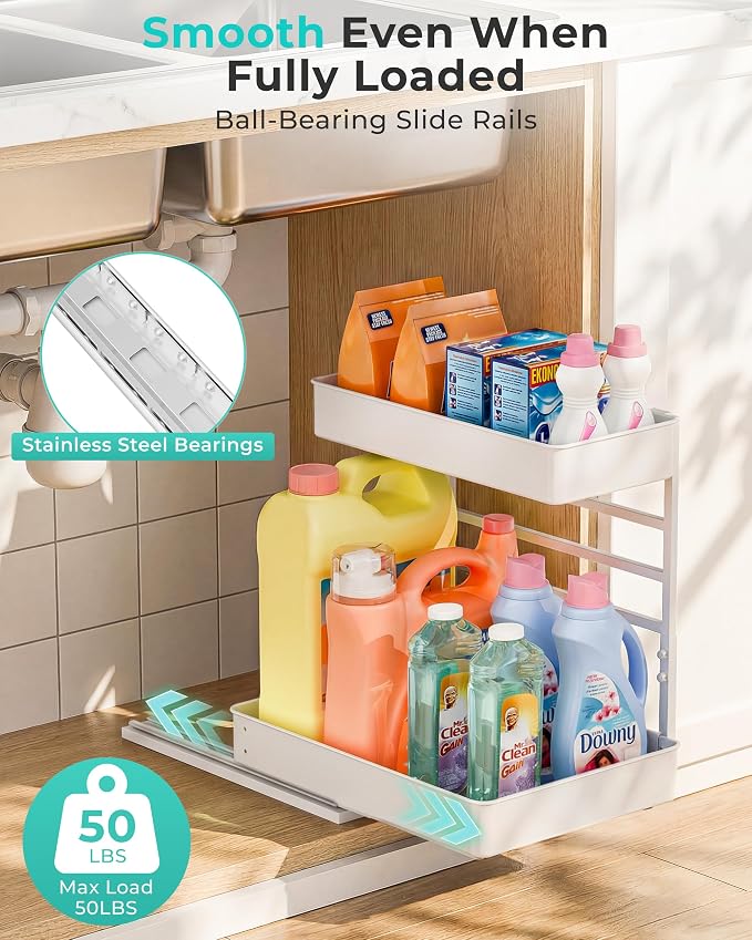 EVERIE Height Adjustable 2 Tier Metal Pull Out Slide Shelf Organizer for Framed or Frameless Under Sink Cabinets in Kitchen, Bathroom, with Snap-on Top Tray (White, 2 Sets) - Image 4