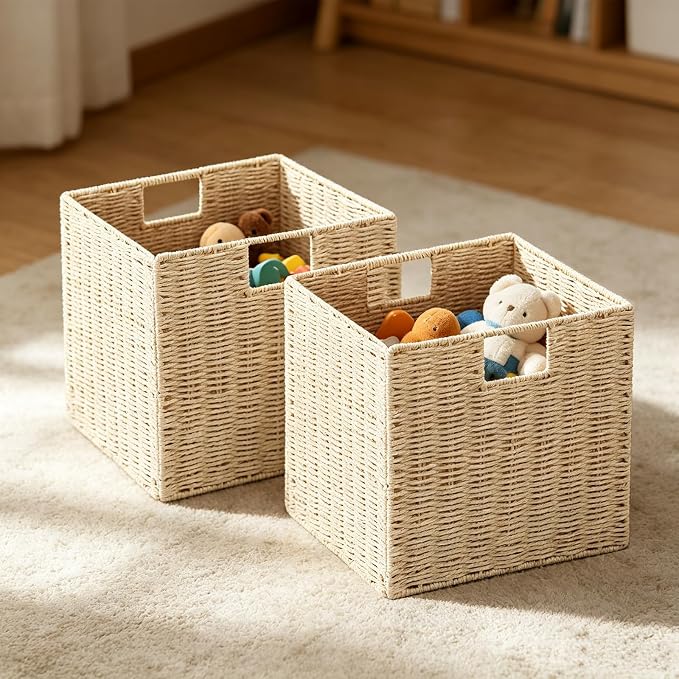 Wicker Storage Basket, Set of 2 Hand-Woven Paper Rope Wicker Baskets, Foldable Cube Storage Bins, Beige Storage Basket, Square Baskets for Organizing Shelves & Decor, Beige(13″×13″×13″) - Image 3